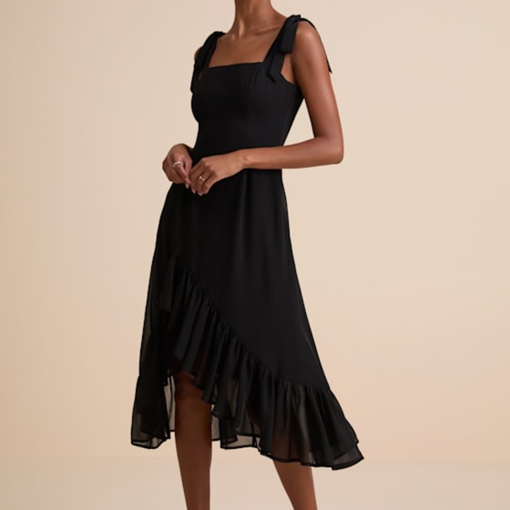 Lulus Tamryn Black Asymmetrical Ruffled Midi Dress - Size S